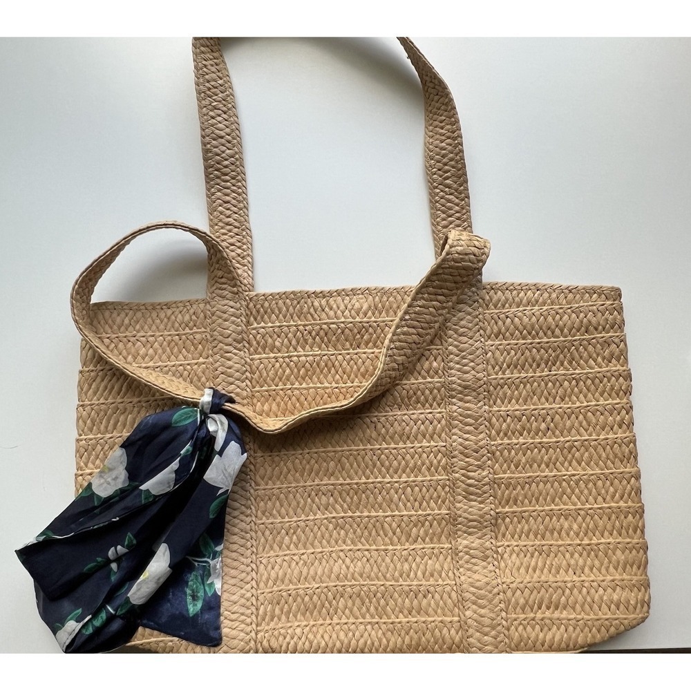 Straw Tote Bag Large Beige Woven Purse Floral Scarf Coastal Beach Cottagecore - Picture 2 of 6